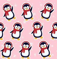 padrão sem emenda de pinguins. pinguins de bebê fofo em roupas de inverno e chapéus, animais árticos de natal, têxteis infantis ou textura vetorial de papel de parede. vetor