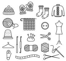 conjunto de roupas de malha de lã e ferramentas de tricô isoladas no fundo branco. botões de fio, gancho e tesoura, jumper, meia e luvas vetor