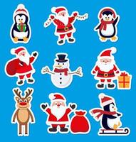 adesivos conjunto de natal de papai noel, boneco de neve, veado e design de ilustração vetorial de pinguim vetor