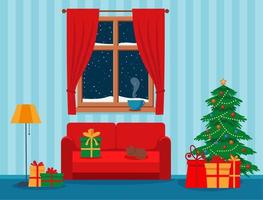 aconchegante vida interior natal com sofá vermelho, presentes e árvore. ilustração vetorial de estilo simples. vetor