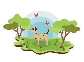 cão de animais de fazenda fofo com paisagem de primavera. ilustração de desenho vetorial vetor