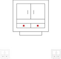 arquivos de gaveta de negócios de armário móveis de armazenamento de escritório conjunto de ícones de linha preta fina e ousada vetor