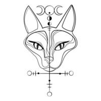 cabeça de gato esfinge com símbolo aculto logotipo da lua trina, modelo de emblema de ícone retrato de desenho de arte de linha de gato esfinge com símbolos místicos. vetor