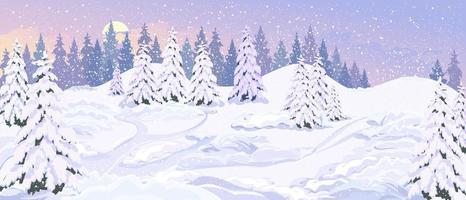 maravilhosa paisagem de inverno com colinas nevadas, neve caindo. abetos cobertos de neve, montes de neve, caminhos. fundo panorâmico de uma paisagem de neve. dia de férias de inverno. o conceito de natal vetor