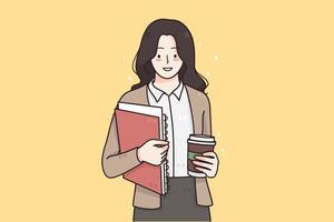 trabalhando no escritório, sucesso nos negócios, conceito de liderança. jovem mulher de negócios sorridente em pé com café e documentos nas mãos e sentindo-se confiante para ir ao escritório ilustração do vetor