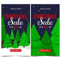 banner de venda de natal ou cartaz com paisagem de inverno no fundo. panfleto de promoção de venda e desconto de natal para a temporada de compras de dezembro e férias de inverno. ilustração vetorial. vetor