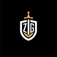 letra criativa zg logo gaming esport com ideias de design de escudo e espada vetor