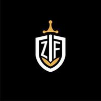 carta criativa zf logo gaming esport com ideias de design de escudo e espada vetor