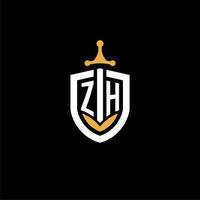 carta criativa zh logo gaming esport com ideias de design de escudo e espada vetor