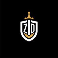 letra criativa zd logo gaming esport com ideias de design de escudo e espada vetor