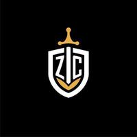 letra criativa zc logo gaming esport com ideias de design de escudo e espada vetor