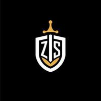 letra criativa zs logo gaming esport com ideias de design de escudo e espada vetor