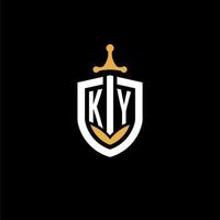 carta criativa ky logo gaming esport com ideias de design de escudo e espada vetor