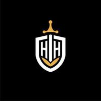 letra criativa hh logo gaming esport com ideias de design de escudo e espada vetor