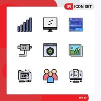 pacote de cores planas de linha preenchida de 9 símbolos universais de interface de proteção, verificação de elementos de design de vetores editáveis de segurança