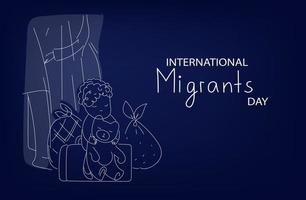 dia internacional do migrante. ilustração de rabisco plano horizontal de modo escuro vetorial multicolorido para banner de mídia social, pôster vetor