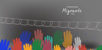 dia internacional do migrante. ilustração de rabisco plano horizontal de modo escuro vetorial multicolorido para banner de mídia social, pôster vetor