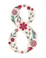 número 8 para o dia das mulheres, feriado de 8 de março. ornamento floral feito de flores doodle da tendência de cor magenta viva 2023. vetor