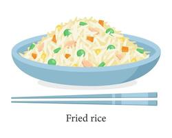 arroz frito em uma tigela com pauzinhos. prato asiático tradicional. ilustração vetorial. vetor