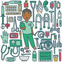 enfermeira com instrumentos médicos em estilo doodle desenhado à mão vetor