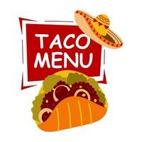 menu de taco de comida mexicana em fundo vermelho com sombrero. cozinha mexicana vetor