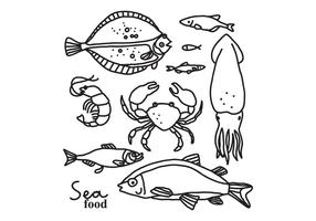 Vetores desenhados à mão de frutos do mar e vida marinha
