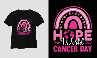 design de camiseta do dia mundial do câncer com fita, punho, amor, borboleta e citações motivacionais vetor