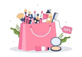 loja de cosméticos com cuidados com a pele para meninas, cosméticos, perfumes, maquiagem e produtos de beleza escolhidos na ilustração de modelos desenhados à mão de desenhos animados planos vetor