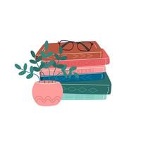 coleção de livros. biblioteca. estante, estante, guarda-livros, copos e flor. ilustração plana de desenhos animados em vetor. vetor