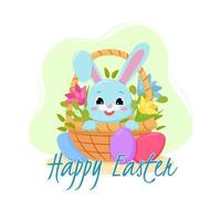 Feliz Páscoa. cartão ou cartazes com cesta de páscoa, coelho, flores da primavera e ovo de páscoa. ilustração vetorial. vetor