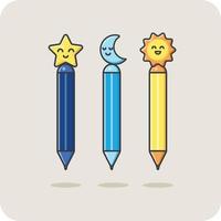 conjunto de canetas fofas e chiques adequado para crianças e trabalhadores, estrela, sol, lua, desenho vetorial e fundo isolado. vetor