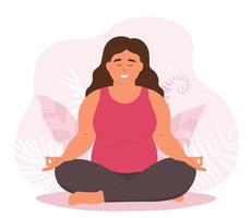 uma garota cheia está sentada na posição de lótus em um fundo de folhas tropicais. uma mulher com sobrepeso faz ioga, academia. o conceito de positividade corporal, autopercepção. gráficos vetoriais. vetor