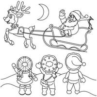 desenho de férias de inverno papai noel e três filhos para colorir. livro de colorir para crianças vetor