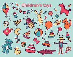 conjunto de ícones de doodle de brinquedos para crianças. coleção de ilustração vetorial de brinquedos de crianças isoladas. brinquedos isolados desenhados à mão. ilustração vetorial vetor