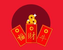 bolso vermelho sorte chinês feliz conceito de ano novo chinês. tradução riqueza ano de boi e boa sorte vetor