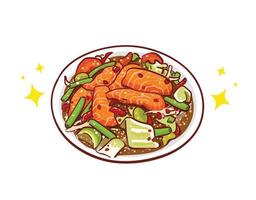 salada de salmão picante comida picante logotipo do restaurante mão desenhar ilustração vetorial vetor