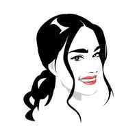 retrato de mulher bonita com cabelo rabo de cavalo ondulado. sorriso. lábios vermelhos. vetor de logotipo de silhueta. Preto e branco. fundo branco isolado.