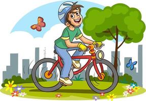 garoto bonito andando de bicicleta para a escola vetor de desenho animado