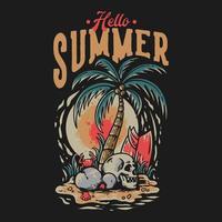 design de camiseta olá verão com caveira na ilustração vintage de praia vetor