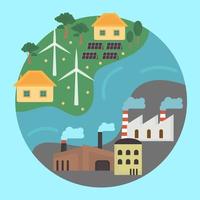 ícone, adesivo, botão sobre o tema da economia e energia renovável com terra e energia não renovável e turbinas eólicas, painéis solares vetor