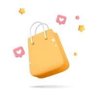 desenho vetorial 3d renderização de compras on-line saco de presente de papel amarelo voador com mídia social como design de banner de símbolo vetor
