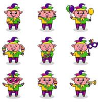 ilustração vetorial porco vestindo roupas de carnaval em poses diferentes, isoladas no fundo branco. uma ilustração dos desenhos animados de um porco mardi gras. bobo da corte do carnaval, definido. vetor