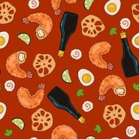 padrão perfeito com camarão tempura, molho de soja, narutomaki, ovos, limão, raiz de lótus. gráficos vetoriais. vetor