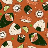 padrão perfeito com sushi de salmão e onigiri. gráficos vetoriais. vetor