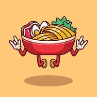 ilustração de macarrão ramen bonito pose sinal de metal em design plano vetor