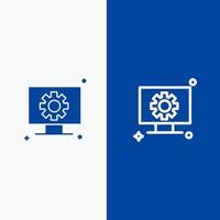 linha de engrenagem de configuração de hardware de computador e ícone sólido glifo banner azul linha e ícone sólido glifo banner azul vetor