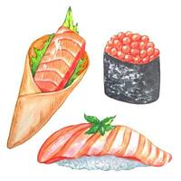 clipart de comida asiática. rolo com salmão, sushi, ilustração em aquarela vetor