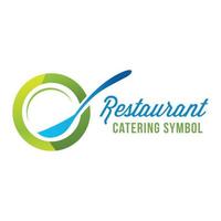 um símbolo de restaurante representando um prato e uma colher parece brilhante e moderno em cores verdes e azuis brilhantes vetor