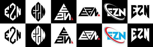 design de logotipo de letra ezn em seis estilos. polígono ezn, círculo, triângulo, hexágono, estilo plano e simples com logotipo de carta de variação de cor preto e branco definido em uma prancheta. logotipo minimalista e clássico ezn vetor