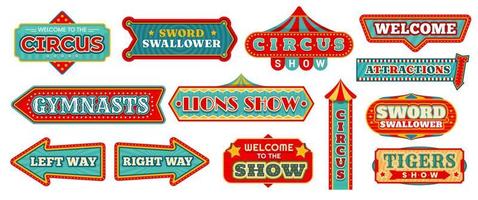 sinais de carnaval de circo e banners de seta retrô vetor